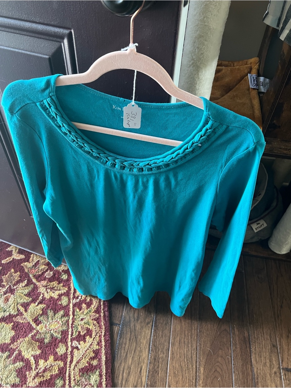Kim Rogers Turquoise Braided Scoop-Neck Long Sleeve Tee C381